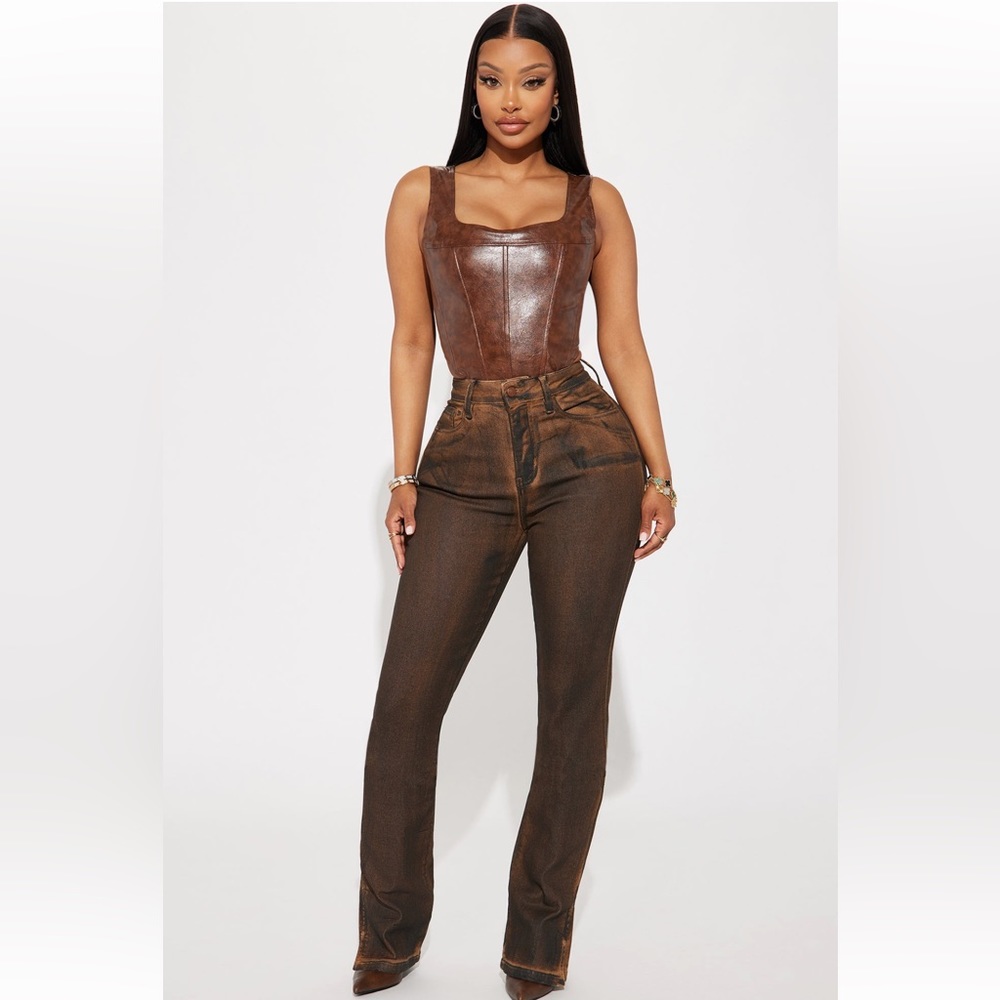 ‼️ Fashion Nova Bronzed Babe Coated Bootcut Jeans ‼️ SIZE UP *size 11 on tag*